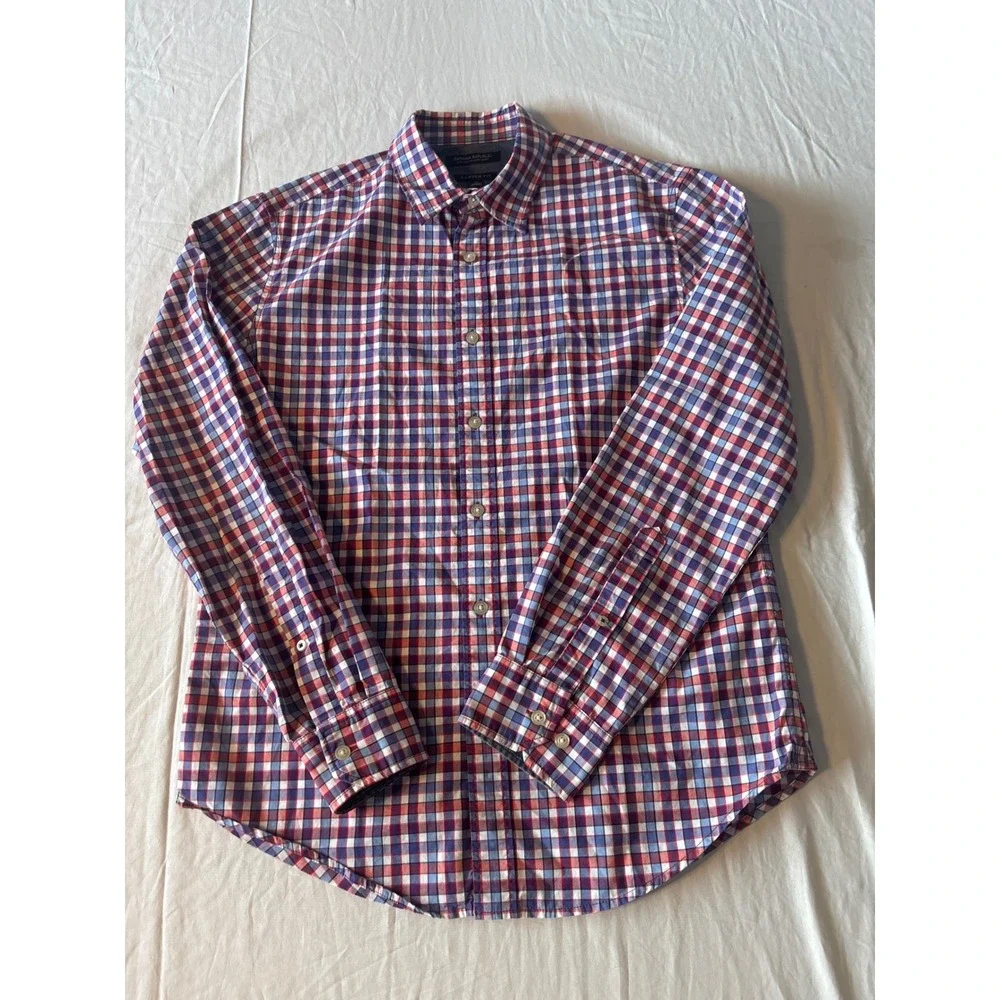 Banana Republic Camden Fit Shirt Mens Medium Red Blue Gingham Check Excellent LS
